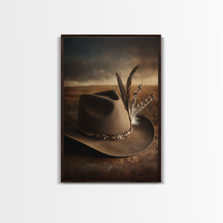 Cowboy Hat with Feathers and Beads Framed Canvas Print, Western Art, Minimalist Decor, Southwestern Decor, Fine Art, Frontier, WES-2x3-6