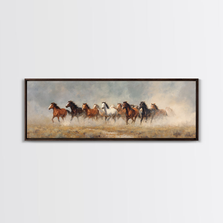 Wild Mustang Herd Framed Canvas Print, Western Art, Minimalist Wall Art, Southwestern Decor, Fine Art, Frontier, Horse Art, WES-3x1-18