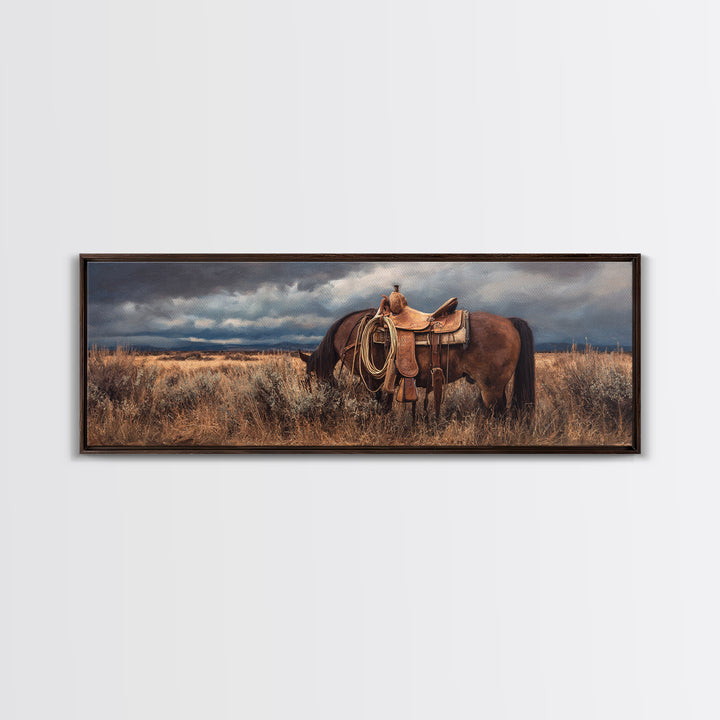 Western Saddle and Rope on Weathered Wood Framed Canvas Print, Western Art, Printable Art, Southwestern Decor, Frontier, WES-3x1-2