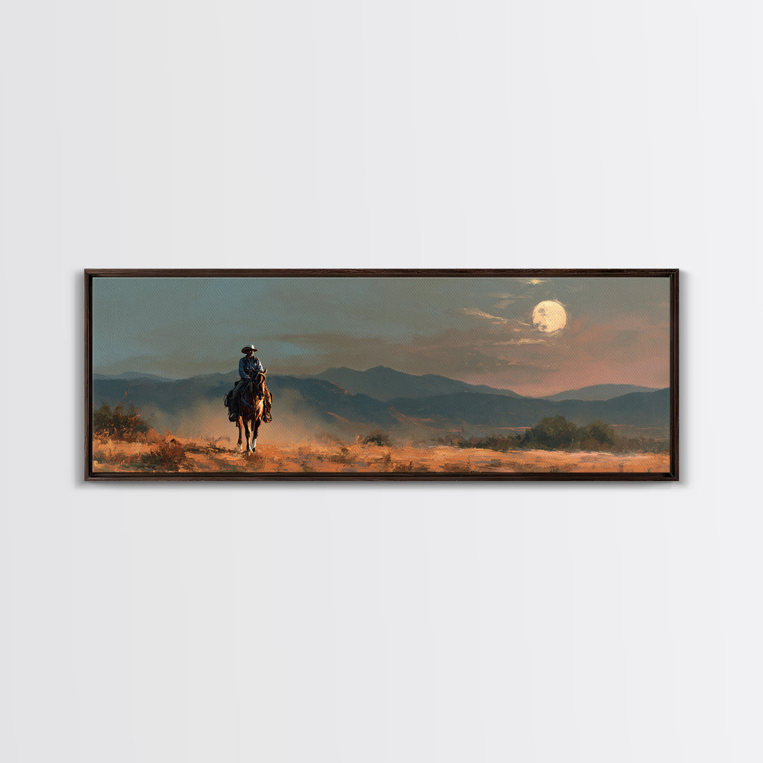 Desert Moon over Lone Rider Canvas Print, Western Art, Fine Art Print, Southwestern Decor, Fine Art, Frontier, Wall Decor, WES-3x1-3