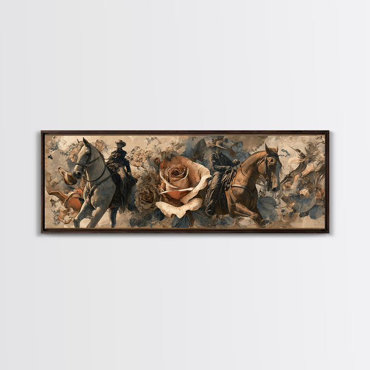 Old Revolver and Roses Framed Canvas Print, Western Art, Painting, Southwestern Decor, Fine Art, Frontier, Trendy Wall Art, WES-3x1-59