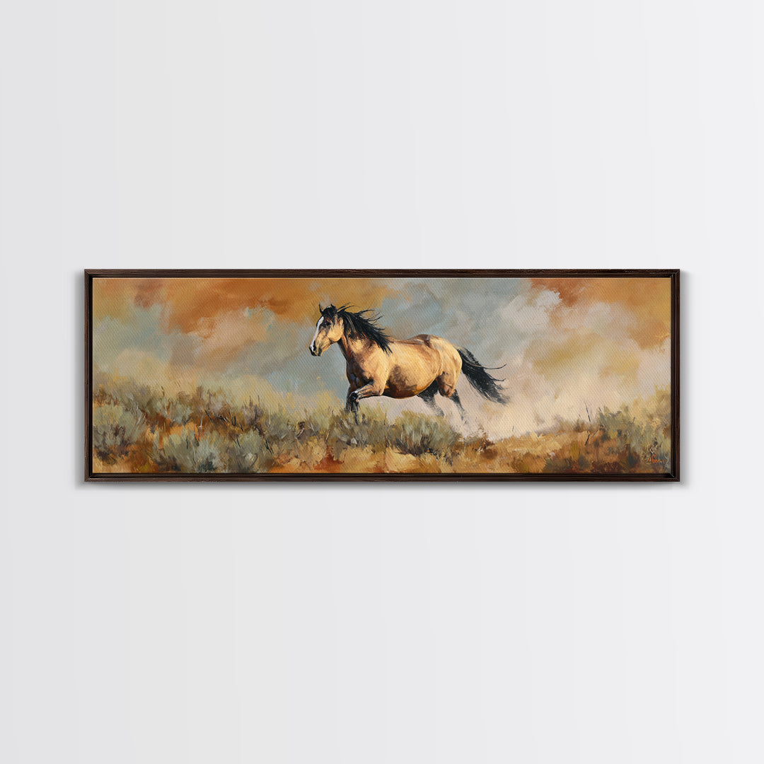 Buckskin Horse in Golden Prairie Light Canvas Print, Western Art, Western Decor, Southwestern Decor, Fine Art, Frontier, WES-3x1-71