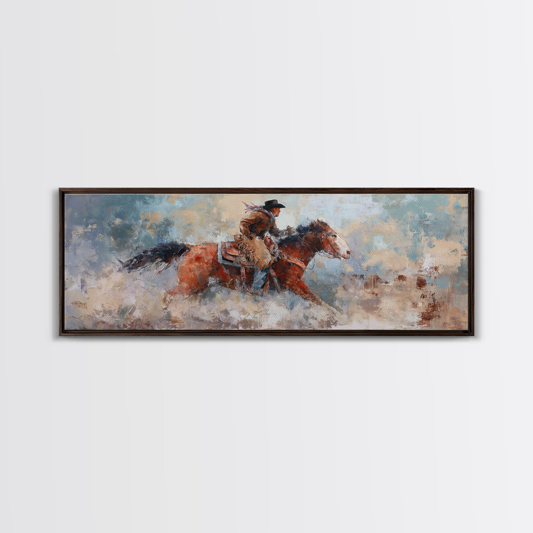 Rodeo Rider Mid Motion Framed Canvas Print, Western Art, Neutral Decor, Southwestern Decor, Fine Art, Frontier, Home Decor, WES-3x1-73