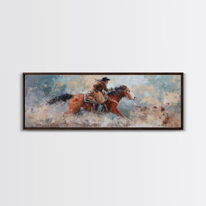 Rodeo Rider Mid Motion Framed Canvas Print, Western Art, Neutral Decor, Southwestern Decor, Fine Art, Frontier, Home Decor, WES-3x1-73