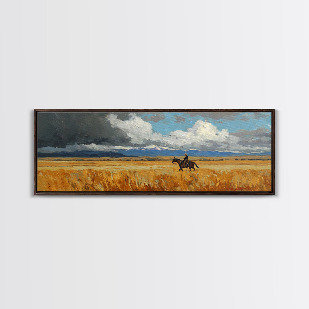Golden Wheat Field Canvas Print, Western Art, Wall Art, Southwestern Decor, Oil Painting, Frontier, Minimalist Wall Art, WES-3x1-88