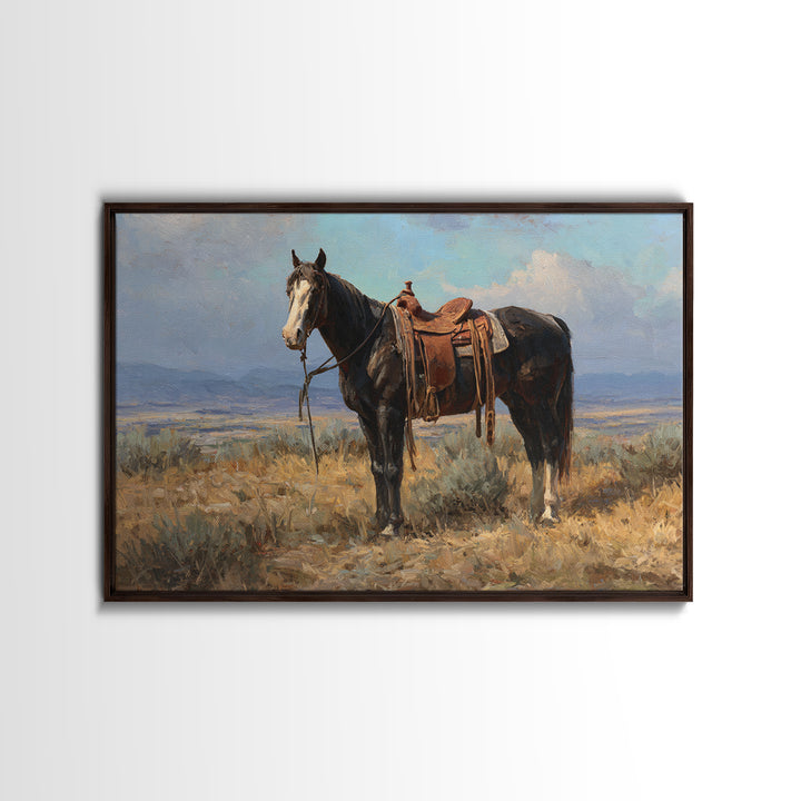 Black Horse Portrait Framed Canvas Print, Western Art, Landscape, Southwestern Decor, Fine Art, Frontier, Modern Decor, WES-3x2-46