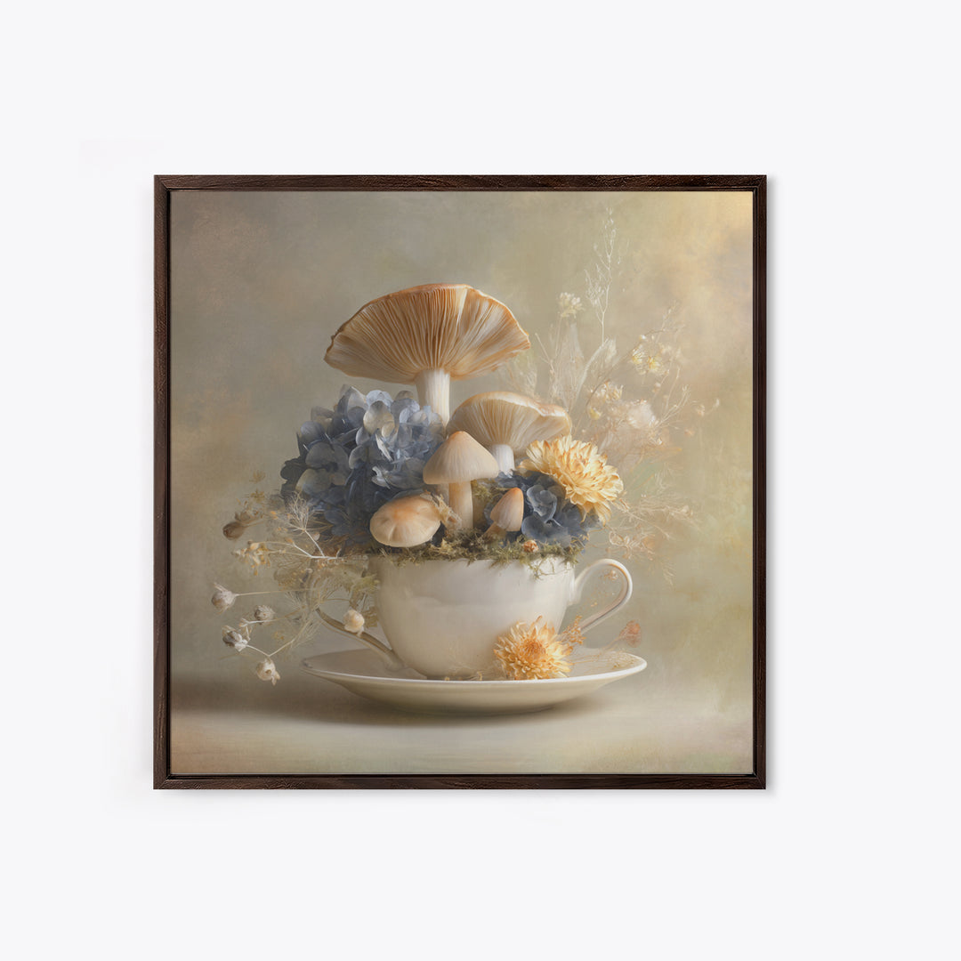 Teacup Garden with Tiny Mushrooms Framed Canvas Print, Whimsical Art, Watercolor Art, Living Room Decor, Fine Art, Wonder, WHI-1x1-100