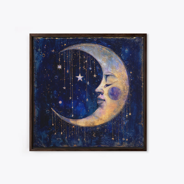Moon with Sleeping Face and Dangling Stars Framed Canvas Print, Whimsical Art, Printable Art, Living Room Decor, Wonder, WHI-1x1-16
