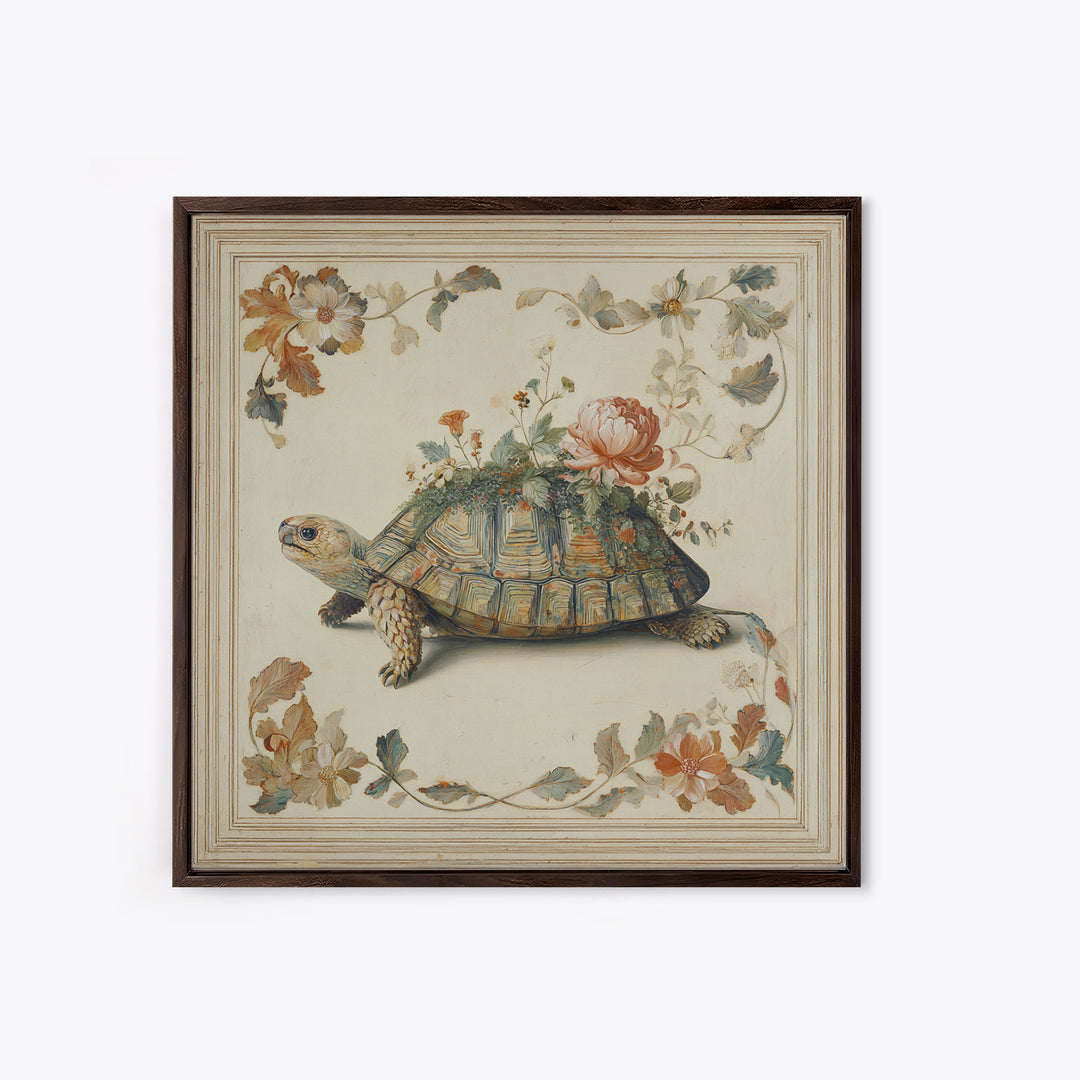 Turtle with Garden Growing on Shell Canvas Print, Whimsical Art, Dopamine Decor, Living Room Decor, Fine Art, Wonder, WHI-1x1-22