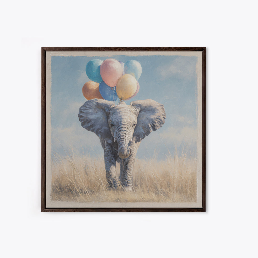 Elephant Holding Balloons Framed Canvas Print, Whimsical Art, Nursery, Living Room Decor, Fine Art, Wonder, Watercolor Art, WHI-1x1-27