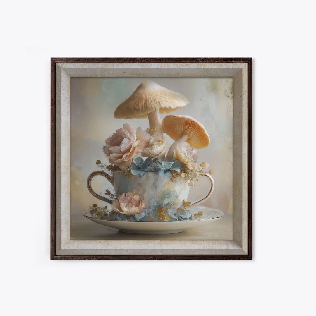 Teacup Garden with Tiny Mushrooms Framed Canvas Print, Whimsical Art, Printable Wall Art, Living Room Decor, Fine Art, Wonder, WHI-1x1-28