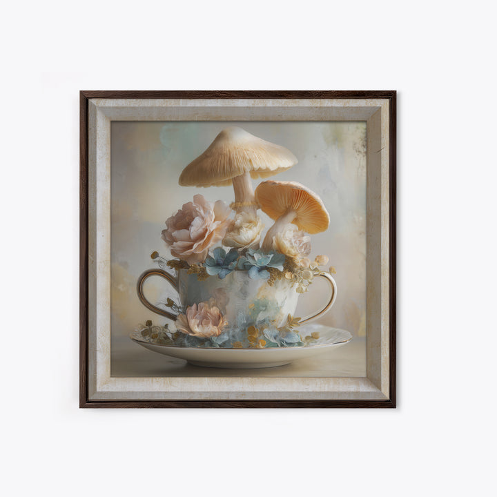 Teacup Garden with Tiny Mushrooms Framed Canvas Print, Whimsical Art, Printable Wall Art, Living Room Decor, Fine Art, Wonder, WHI-1x1-28