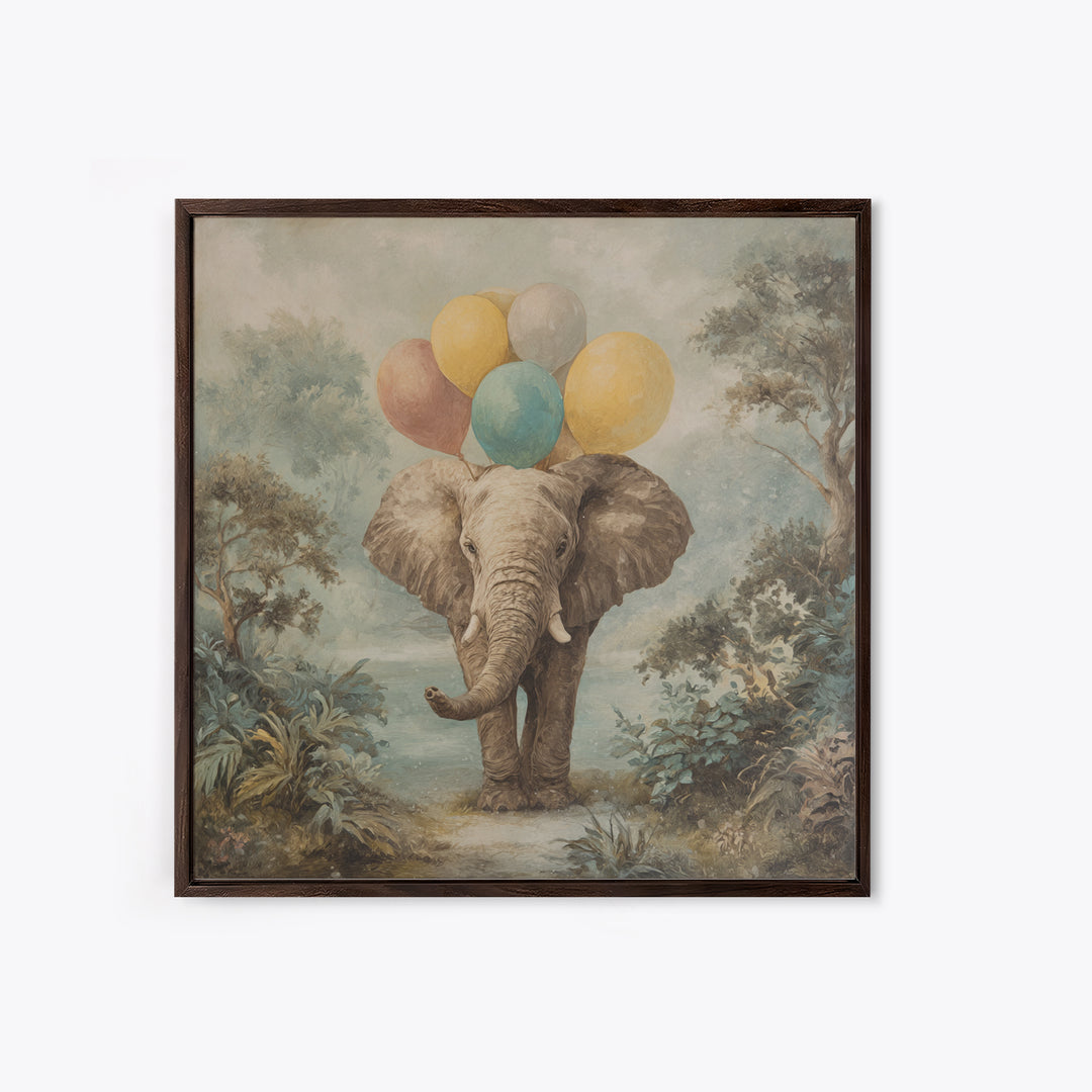 Elephant Holding Balloons Canvas Print, Whimsical Art, Art Nouveau, Living Room Decor, Abstract Art, Wonder, Nursery Wall Decor, WHI-1x1-3