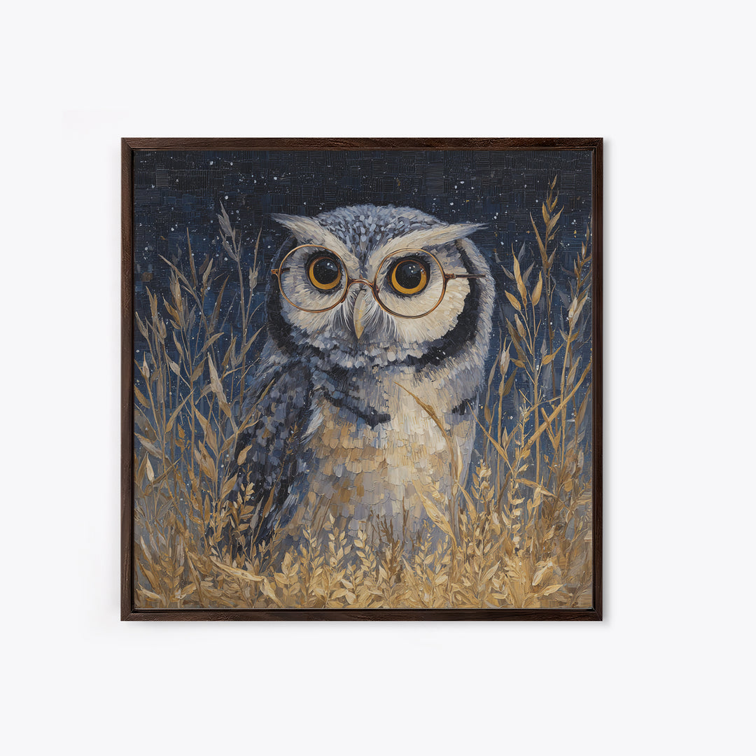 Owl Wearing Spectacles Among Stars Canvas Print, Whimsical Art, Nursery Prints, Living Room Decor, Oil Painting, Wonder, WHI-1x1-30