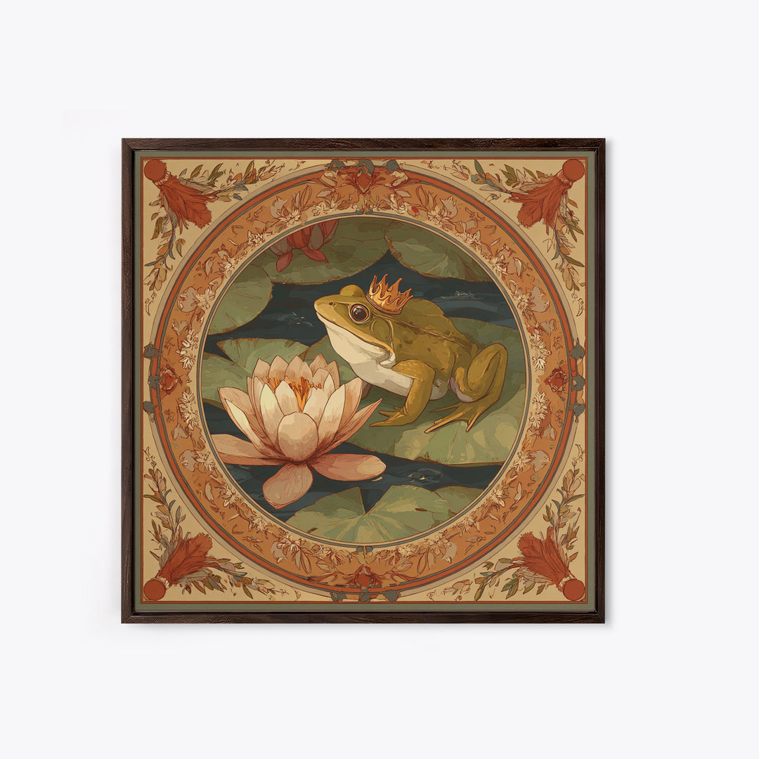 Frog Prince on a Lily Pad Framed Canvas Print, Whimsical Art, Gallery Decor, Living Room Decor, Fine Art, Wonder, Wall Art, WHI-1x1-32