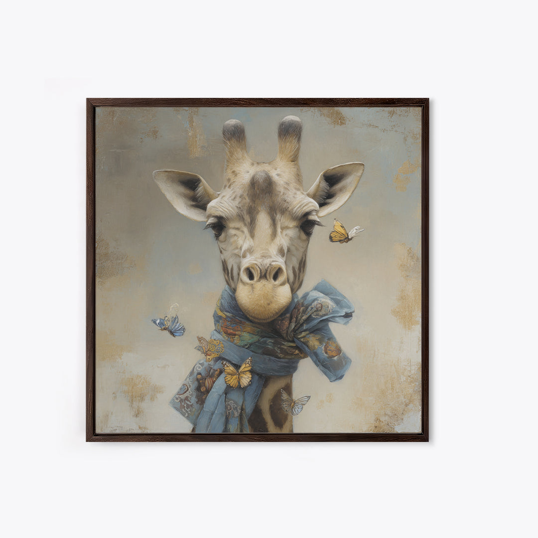 Giraffe with Scarf and Butterflies Framed Canvas Print, Whimsical Art, Watercolor Art, Living Room Decor, Wonder, WHI-1x1-34