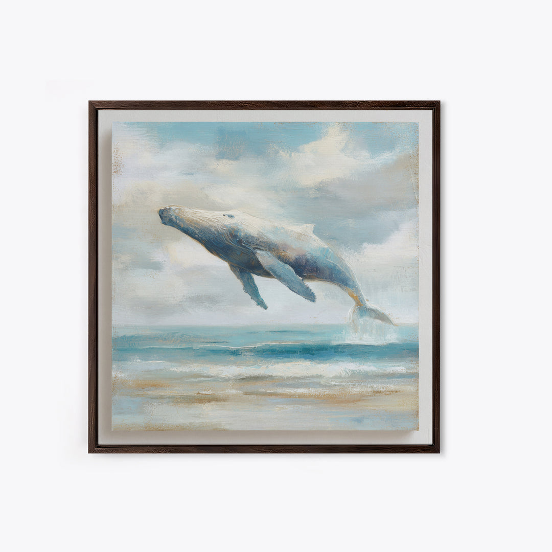 Whale Flying Through Clouds Like Ocean Framed Canvas Print, Whimsical Art, Boho Decor, Living Room Decor, Fine Art, Wonder, WHI-1x1-37