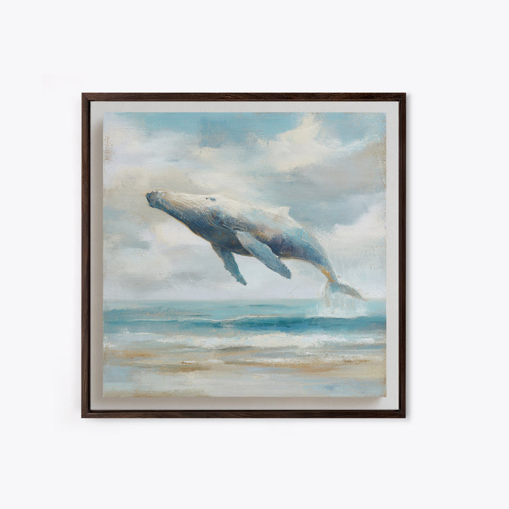 Whale Flying Through Clouds Like Ocean Framed Canvas Print, Whimsical Art, Boho Decor, Living Room Decor, Fine Art, Wonder, WHI-1x1-37