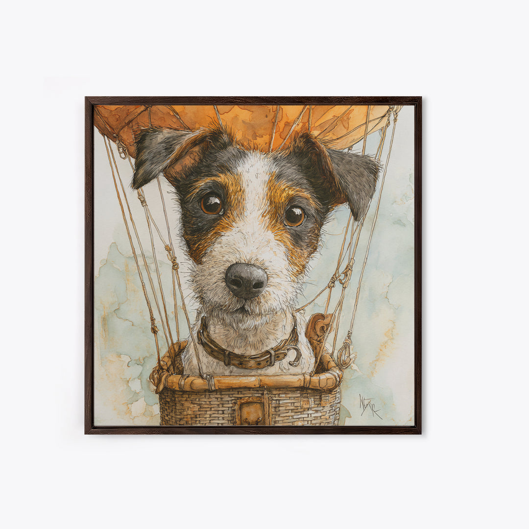 Dog in a Hot Air Balloon Framed Canvas Print, Whimsical Art, Gallery Decor, Living Room Decor, Fine Art, Wonder, Wall Art, WHI-1x1-38
