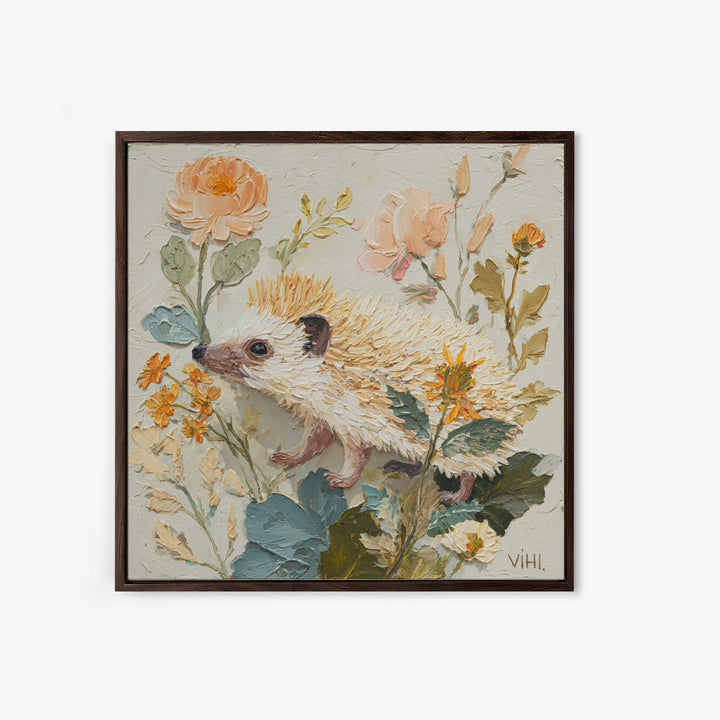 Hedgehog Carrying Wildflowers Framed Canvas Print, Whimsical Art, Dark Academia Decor, Living Room Decor, Fine Art, Wonder, WHI-1x1-39
