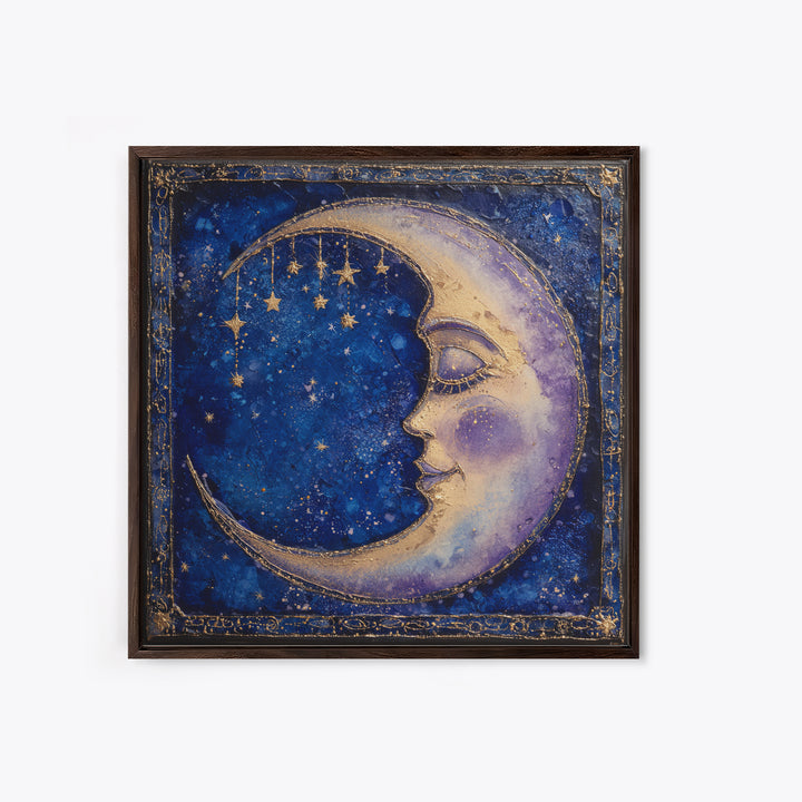 Moon with Sleeping Face and Dangling Stars Framed Canvas Print, Whimsical Art, Room Decor, Living Room Decor, Oil Painting, WHI-1x1-40