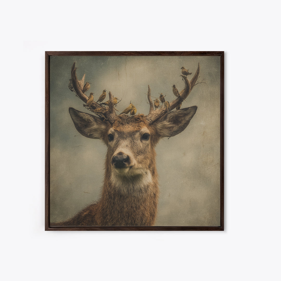 Deer with Antlers Full of Birds Framed Canvas Print, Whimsical Art, Dopamine Decor, Living Room Decor, Oil Painting, Wonder, WHI-1x1-43