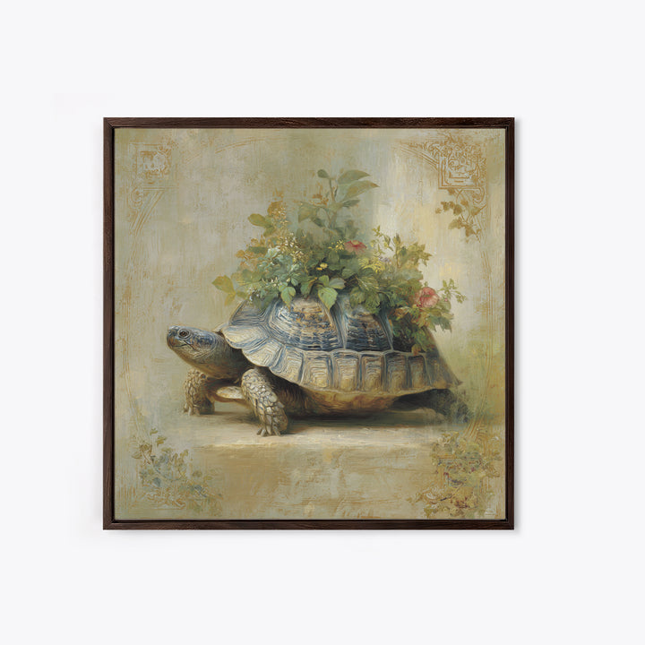 Turtle with Garden Growing on Shell Framed Canvas Print, Whimsical Art, Nursery Art, Living Room Decor, Oil Painting, Wonder, WHI-1x1-46