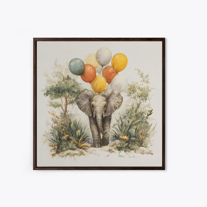 Elephant Holding Balloons Framed Canvas Print, Whimsical Art, Nursery Prints, Living Room Decor, Oil Painting, Wonder, WHI-1x1-51