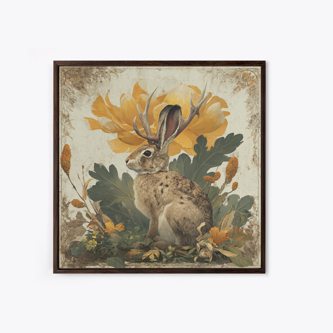Rabbit Reading Beneath a Giant Flower Framed Canvas Print, Whimsical Art, Textured Painting, Living Room Decor, Wonder, WHI-1x1-53