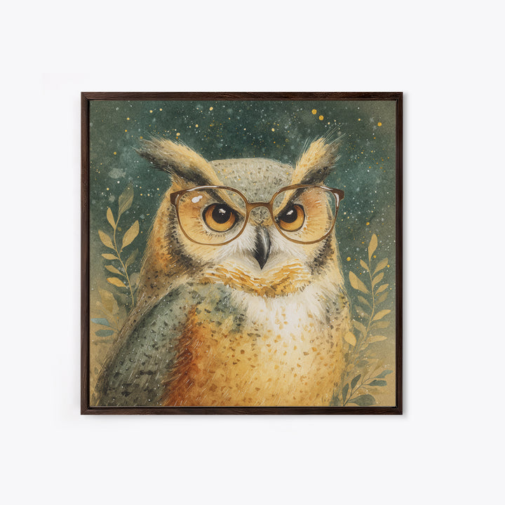 Owl Wearing Spectacles Among Stars Canvas Print, Whimsical Art, Nursery Prints, Living Room Decor, Oil Painting, Wonder, WHI-1x1-54