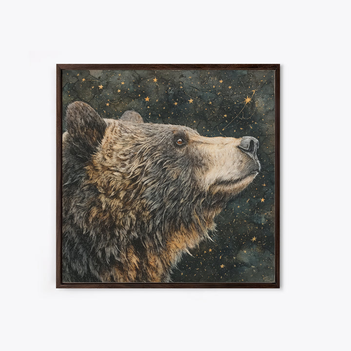 Bear Painting Stars Onto the Night Sky Framed Canvas Print, Whimsical Art, Living Room Decor, Abstract Art, Wonder, WHI-1x1-57