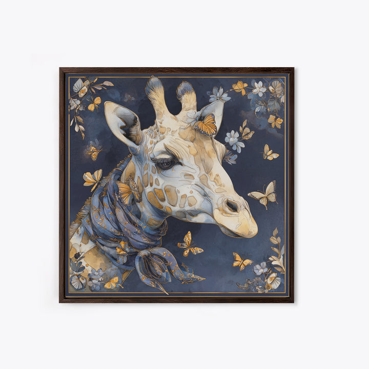 Giraffe with Scarf and Butterflies Framed Canvas Print, Whimsical Art, Watercolor Art, Living Room Decor, Wonder, WHI-1x1-58