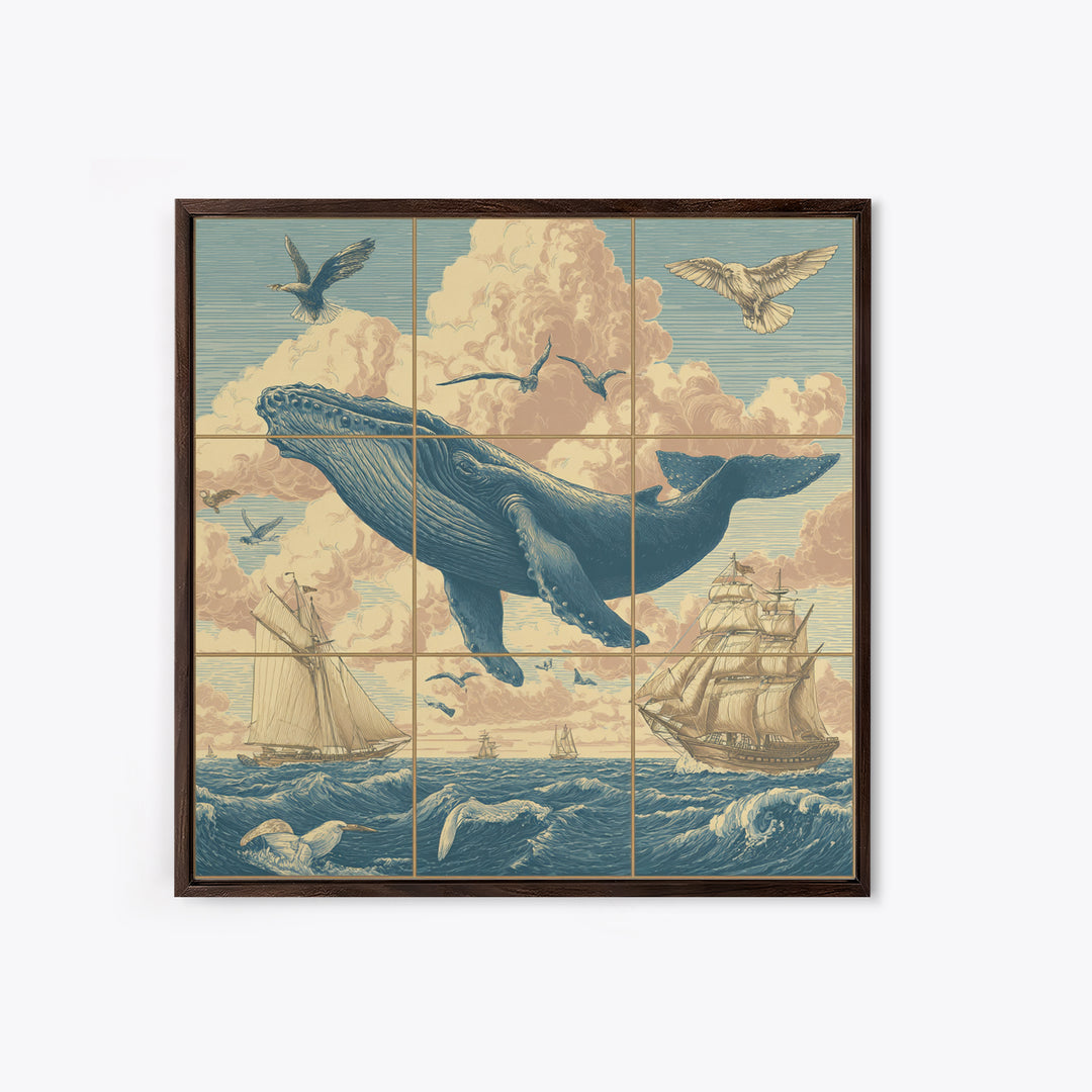 Whale Flying Through Clouds Like Ocean Framed Canvas Print, Whimsical Art, Boho Decor, Living Room Decor, Fine Art, Wonder, WHI-1x1-61
