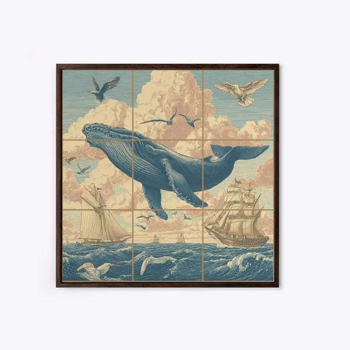 Whale Flying Through Clouds Like Ocean Framed Canvas Print, Whimsical Art, Boho Decor, Living Room Decor, Fine Art, Wonder, WHI-1x1-61