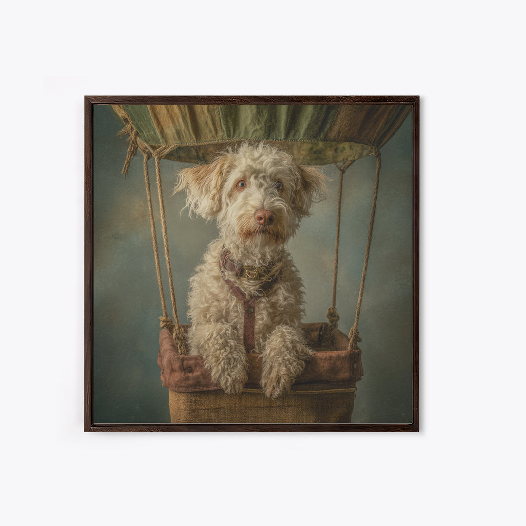 Dog in a Hot Air Balloon Framed Canvas Print, Whimsical Art, Gallery Decor, Living Room Decor, Fine Art, Wonder, Wall Art, WHI-1x1-62