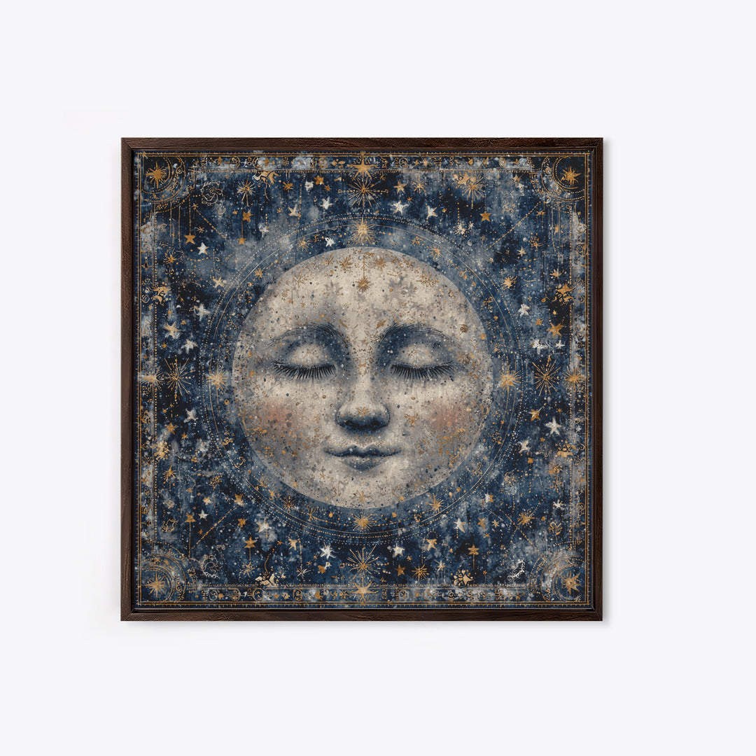 Moon with Sleeping Face and Dangling Stars Framed Canvas Print, Whimsical Art, Living Room Decor, Wonder, Gallery Decor, WHI-1x1-64