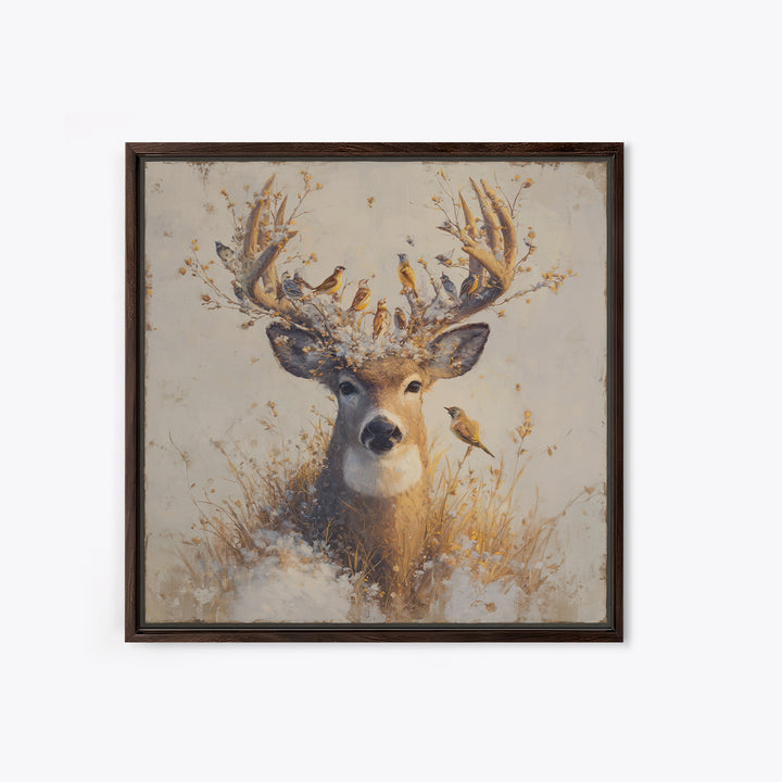 Deer with Antlers Full of Birds Framed Canvas Print, Whimsical Art, Modern Decor, Living Room Decor, Fine Art, Wonder, WHI-1x1-67