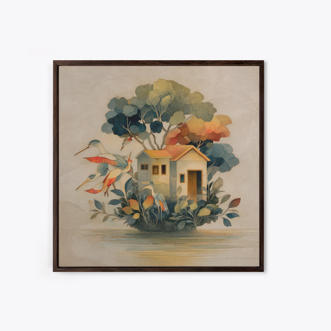 Floating House Carried by Colorful Birds Framed Canvas Print, Whimsical Art, Framed Wall Art, Living Room Decor, Wonder, WHI-1x1-7