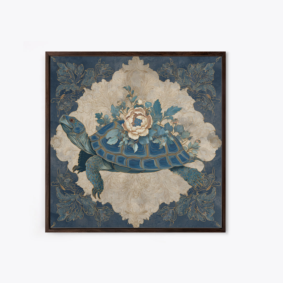 Turtle with Garden Growing on Shell Framed Canvas Print, Whimsical Art, Nursery Art, Living Room Decor, Oil Painting, Wonder, WHI-1x1-70