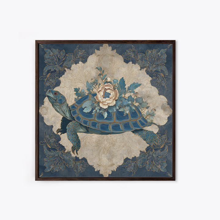 Turtle with Garden Growing on Shell Framed Canvas Print, Whimsical Art, Nursery Art, Living Room Decor, Oil Painting, Wonder, WHI-1x1-70