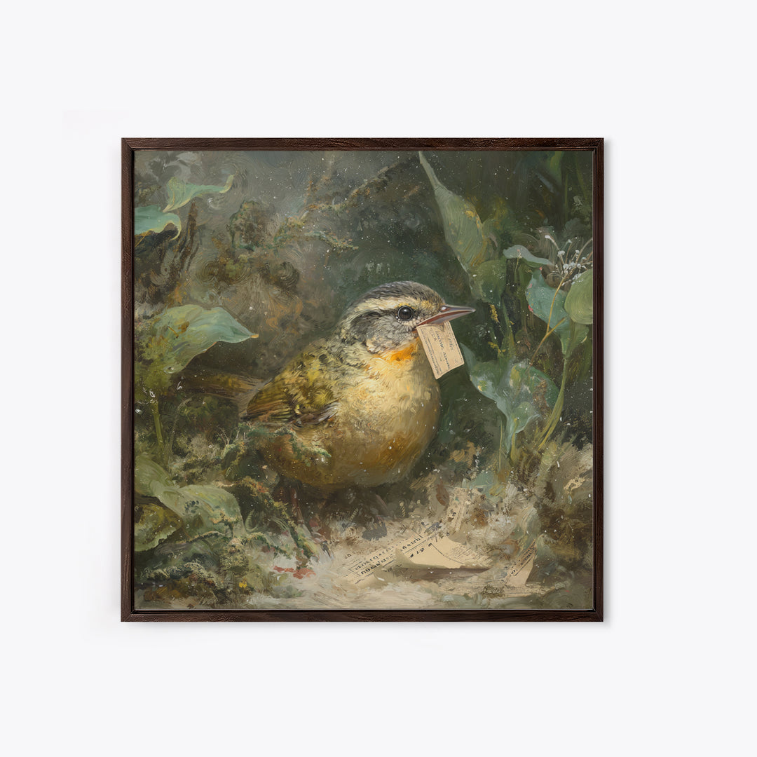 Bird Delivering a Tiny Love Letter Framed Canvas Print, Whimsical Art, Cat Art, Living Room Decor, Fine Art, Wonder, WHI-1x1-71