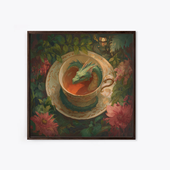 Dragon Curled Around a Teacup Framed Canvas Print, Whimsical Art, Bird Art, Living Room Decor, Abstract Art, Wonder, WHI-1x1-72