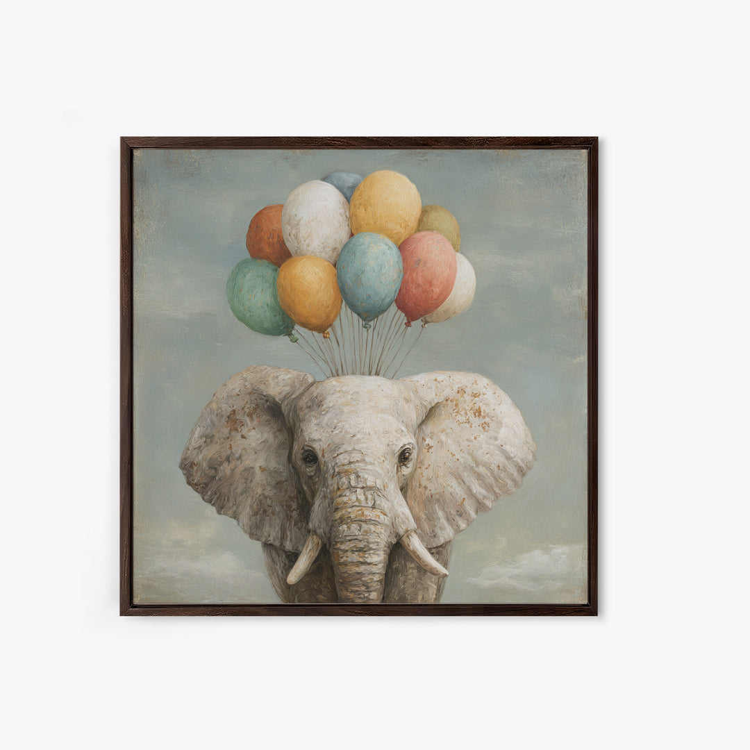 Elephant Holding Balloons Canvas Print, Whimsical Art, Statement Artwork, Living Room Decor, Fine Art, Wonder, Art Print, WHI-1x1-75