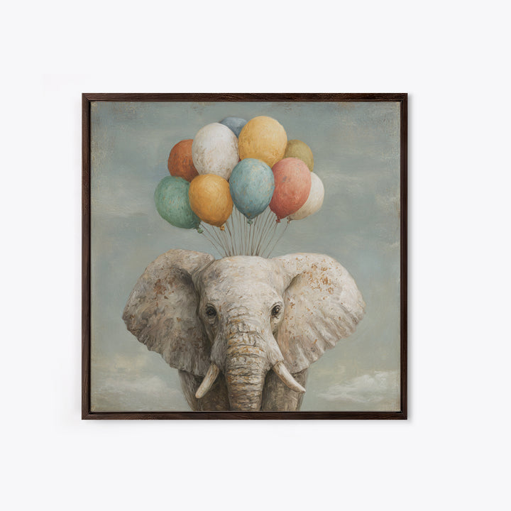 Elephant Holding Balloons Canvas Print, Whimsical Art, Statement Artwork, Living Room Decor, Fine Art, Wonder, Art Print, WHI-1x1-75