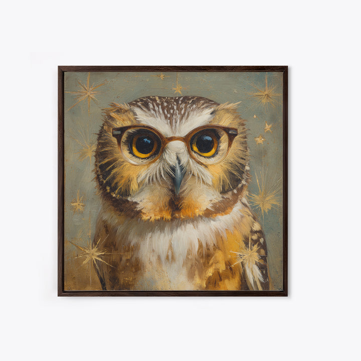 Owl Wearing Spectacles Among Stars Framed Canvas Print, Whimsical Art, Statement Artwork, Living Room Decor, Fine Art, Wonder, WHI-1x1-78