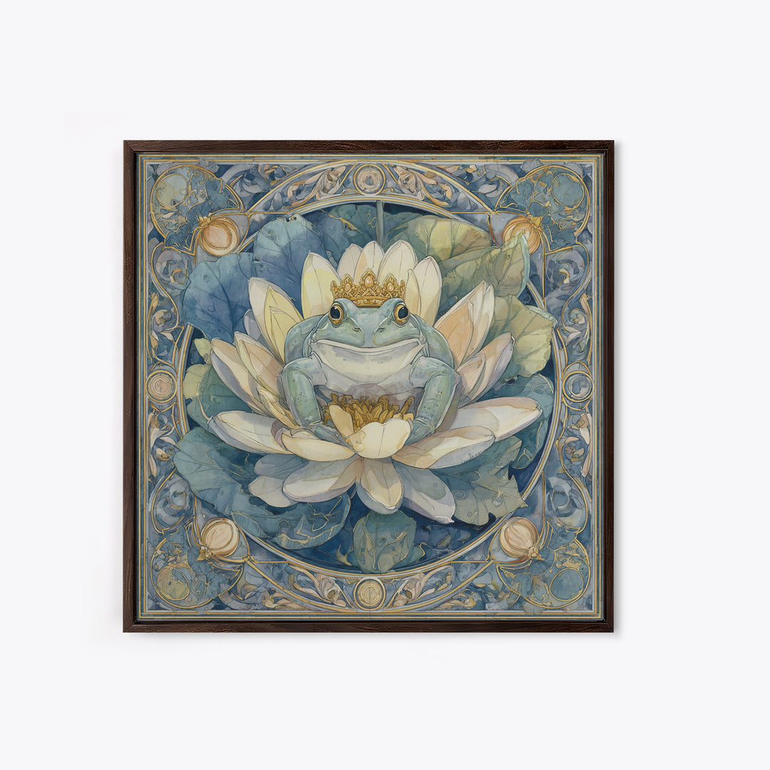 Frog Prince on a Lily Pad Framed Canvas Print, Whimsical Art, Oil Painting, Living Room Decor, Wonder, Dark Academia Decor, WHI-1x1-8