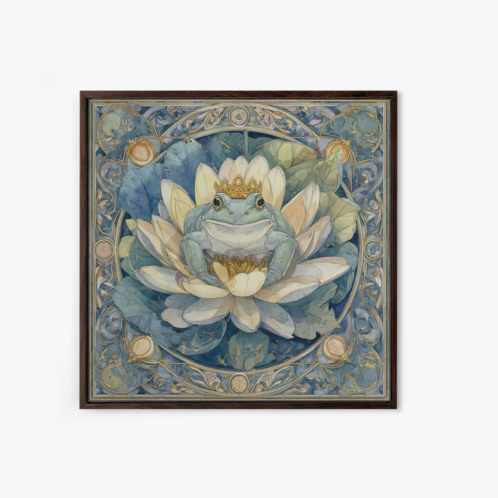 Frog Prince on a Lily Pad Framed Canvas Print, Whimsical Art, Oil Painting, Living Room Decor, Wonder, Dark Academia Decor, WHI-1x1-8