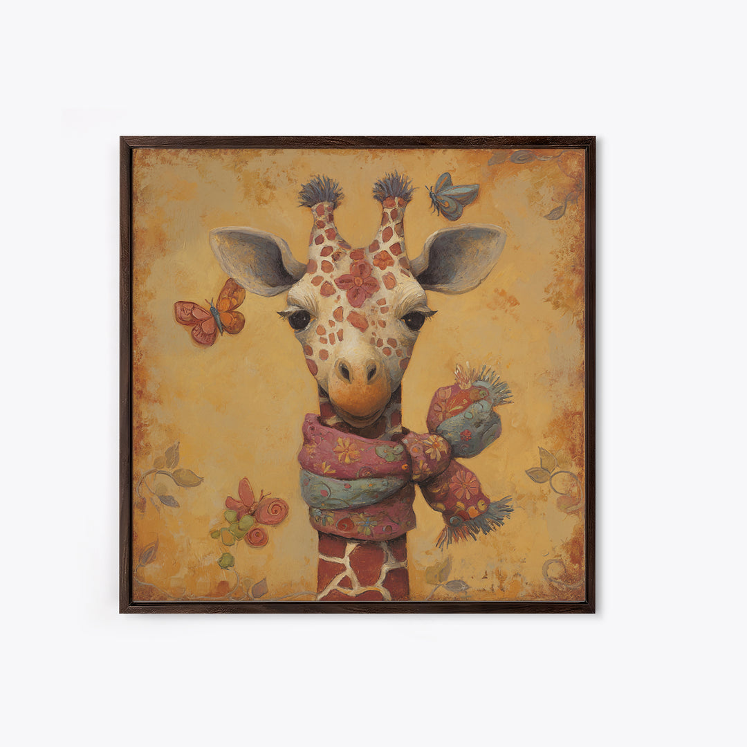 Giraffe with Scarf and Butterflies Canvas Print, Whimsical Art, Boho Decor, Living Room Decor, Oil Painting, Wonder, WHI-1x1-82