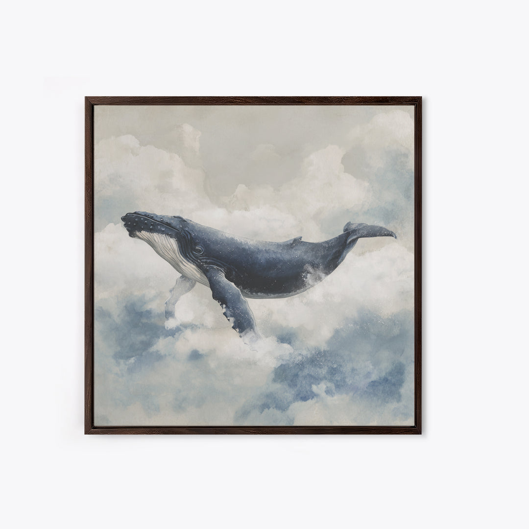 Whale Flying Through Clouds Like Ocean Canvas Print, Whimsical Art, Minimalist Decor, Living Room Decor, Oil Painting, Wonder, WHI-1x1-85