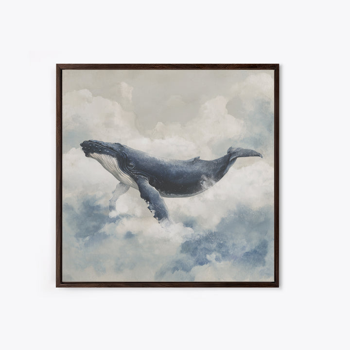 Whale Flying Through Clouds Like Ocean Canvas Print, Whimsical Art, Minimalist Decor, Living Room Decor, Oil Painting, Wonder, WHI-1x1-85